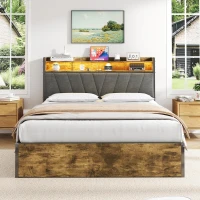 Double Bed Frame with RGB LED Headboard, Charging Station, Hydraulic Storage Bed with Linen Fabric, 205L x 136W x 109H cm, Black+Walnut(m-1)