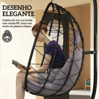 Outsunny Cadeira Suspensa com Suporte Baloiço Jardim com Cesto Dobrável Almofada e Apoio de Cabeça 98x95x198 cm Cinzento(m-6)
