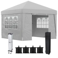Outsunny Gazebo 3x3 m Pieghevole ad Altezza Regolabile con Finestrelle, in Acciaio e Tessuto Oxford Grigio Chiaro(m-1)