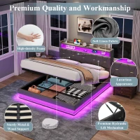 Modern Upholstered Double Bed with Hydraulic Storage, LED Headboard, Charging Station, USB and Type-C Ports, 206L x 137W x 110H cm, Grey(m-5)