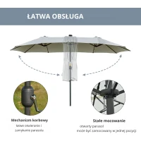Outsunny Parasol z Oświetleniem LED Solar 4,5m, Podwójny Parasol Ogrodowy, Markiz, Tarasowy Okrągły Jasnoszary+Czarny(m-6)