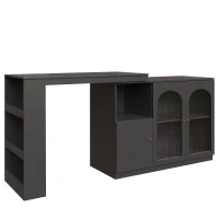 360° Rotating Bar Table with Multifunctional Storage, Metal Handles, Modern Dining Bar Cabinet with Glass Doors, 120L x 120W x 97H cm, Black(m-2)