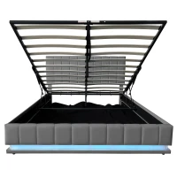 Ottoman Double Bed with Hydraulic Storage, LED Lighting, PU Leather, Bed Frame with Adjustable Headboard, 193L x 142W x 101-111H cm, Grey(m-12)