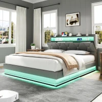 Modern Upholstered Double Bed with Hydraulic Storage, LED Headboard, Charging Station, USB and Type-C Ports, 206L x 137W x 110H cm, Grey(m-8)