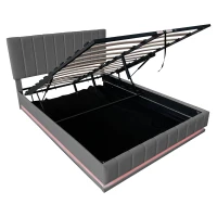 Ottoman Double Bed with Hydraulic Storage, LED Lighting, PU Leather, Bed Frame with Adjustable Headboard, 193L x 142W x 101-111H cm, Grey(m-13)