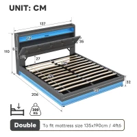 Modern Upholstered Double Bed with Hydraulic Storage, LED Headboard, Charging Station, USB and Type-C Ports, 206L x 137W x 110H cm, Grey(m-3)