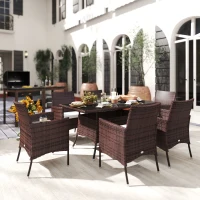 Outsunny 6 Seater Rattan Dining Set with Cushions, Rattan Garden Furniture Set with 6 Armchairs, Rectangular Glass Top Table, Outdoor Dining Table and Chairs, Brown(m-2)