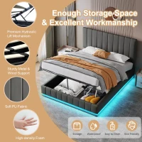 Ottoman Double Bed with Hydraulic Storage, LED Lighting, PU Leather, Bed Frame with Adjustable Headboard, 193L x 142W x 101-111H cm, Grey(m-6)