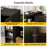 360° Rotating Bar Table with Multifunctional Storage, Metal Handles, Modern Dining Bar Cabinet with Glass Doors, 120L x 120W x 97H cm, Black(m-6)
