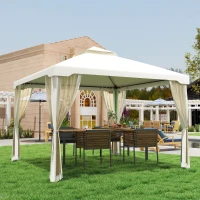 Outsunny Cenador de Jardín 3x3 m Pabellón de Exterior con Doble Techo de Ventilación 4 Cortinas Mosquiteras Laterales con Cremallera 8 Orificios de Drenaje Gazebo para Fiestas Patio Crema(m-2)