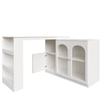 Modern 360° Rotating Bar Table with Glass Door, Metal Handles, Multifunctional Storage Cabinet with Open Shelves, 120L x 120W x 97H cm, White(m-12)