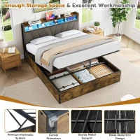 Double Bed Frame with RGB LED Headboard, Charging Station, Hydraulic Storage Bed with Linen Fabric, 205L x 136W x 109H cm, Black+Walnut(m-5)