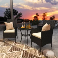 Outsunny 3 Pieces Rattan Bistro Set, Wicker Garden Furniture Set with 2-Tier Coffee Table and Chairs, Cushions, for Outdoor Patio Balcony, Black(m-2)