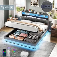 Modern Upholstered Double Bed with Hydraulic Storage, LED Headboard, Charging Station, USB and Type-C Ports, 206L x 137W x 110H cm, Grey(m-7)
