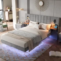 Upholstered Double Bed with Headboard Storage, LED Light Strip, Velvet and Iron Frame, Reading Light, 199L x 206.5W x 103H cm, Grey(m-6)