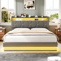 Modern Upholstered Double Bed with Hydraulic Storage, LED Headboard, Charging Station, USB and Type-C Ports, 206L x 137W x 110H cm, Grey(m-1)