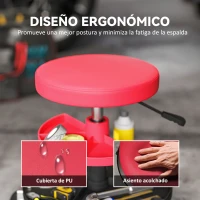 HOMCOM Taburete de Taller Giratorio con Ruedas Altura Ajustable de 40-51 cm y 2 Bandejas Carga 135 kg para Garaje Rojo(m-6)
