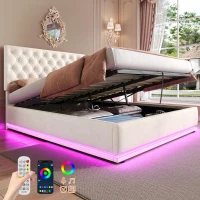 Ottoman Double Bed with LED Lighting, Adjustable Headboard, Velvet Upholstered Bed with Hydraulic Storage, 195L x 142W x 102-112H cm, Beige(m-7)