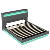 Modern Upholstered Double Bed with Hydraulic Storage, LED Headboard, Charging Station, USB and Type-C Ports, 206L x 137W x 110H cm, Grey(m-12)