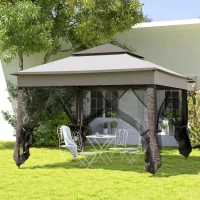 Outsunny Tenda Dobrável Exterior 325x325x270 cm Tenda de Jardim com Teto Duplo Rede Mosquiteira Amovível e Bolsa de Transporte Cinza(m-10)