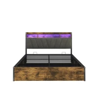 Double Bed Frame with RGB LED Headboard, Charging Station, Hydraulic Storage Bed with Linen Fabric, 205L x 136W x 109H cm, Black+Walnut(m-2)