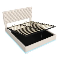 Ottoman Double Bed with LED Lighting, Adjustable Headboard, Velvet Upholstered Bed with Hydraulic Storage, 195L x 142W x 102-112H cm, Beige(m-13)