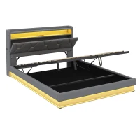 Modern Upholstered Double Bed with Hydraulic Storage, LED Headboard, Charging Station, USB and Type-C Ports, 206L x 137W x 110H cm, Grey(m-14)