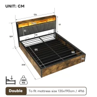 Double Bed Frame with RGB LED Headboard, Charging Station, Hydraulic Storage Bed with Linen Fabric, 205L x 136W x 109H cm, Black+Walnut(m-3)
