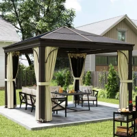 Outsunny Pavillon mit Polycarbonatdach, Vorhänge mit Fliegennetz, Alugestell, braun+beige, 3 x 3 x 2,6 m(m-2)
