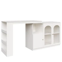 Modern 360° Rotating Bar Table with Glass Door, Metal Handles, Multifunctional Storage Cabinet with Open Shelves, 120L x 120W x 97H cm, White(m-2)