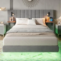 Upholstered Double Bed with Headboard Storage, LED Light Strip, Velvet and Iron Frame, Reading Light, 199L x 206.5W x 103H cm, Grey(m-1)