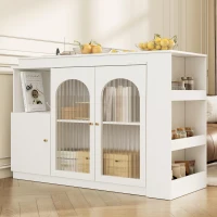 Modern 360° Rotating Bar Table with Glass Door, Metal Handles, Multifunctional Storage Cabinet with Open Shelves, 120L x 120W x 97H cm, White(m-7)