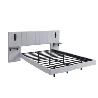 Upholstered Double Bed with Headboard Storage, LED Light Strip, Velvet and Iron Frame, Reading Light, 199L x 206.5W x 103H cm, Grey(m-12)