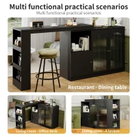 360° Rotating Bar Table with Multifunctional Storage, Metal Handles, Modern Dining Bar Cabinet with Glass Doors, 120L x 120W x 97H cm, Black(m-4)