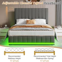 Ottoman Double Bed with Hydraulic Storage, LED Lighting, PU Leather, Bed Frame with Adjustable Headboard, 193L x 142W x 101-111H cm, Grey(m-5)
