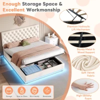 Ottoman Double Bed with LED Lighting, Adjustable Headboard, Velvet Upholstered Bed with Hydraulic Storage, 195L x 142W x 102-112H cm, Beige(m-6)