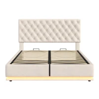 Ottoman Double Bed with LED Lighting, Adjustable Headboard, Velvet Upholstered Bed with Hydraulic Storage, 195L x 142W x 102-112H cm, Beige(m-2)