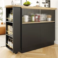 360° Swivelling Dining Bar Cabinet with Sliding Glass Doors, Open Shelves, Rotating Bar Table for Dining Room, 90L x 120W x 100H cm, Black(m-10)
