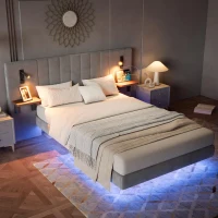 Upholstered Double Bed with Headboard Storage, LED Light Strip, Velvet and Iron Frame, Reading Light, 199L x 206.5W x 103H cm, Grey(m-7)