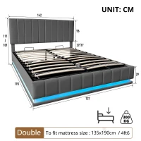 Ottoman Double Bed with Hydraulic Storage, LED Lighting, PU Leather, Bed Frame with Adjustable Headboard, 193L x 142W x 101-111H cm, Grey(m-3)