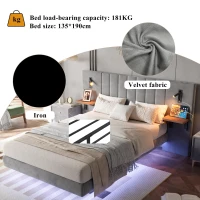 Upholstered Double Bed with Headboard Storage, LED Light Strip, Velvet and Iron Frame, Reading Light, 199L x 206.5W x 103H cm, Grey(m-4)