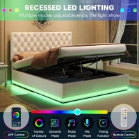 Ottoman Double Bed with LED Lighting, Adjustable Headboard, Velvet Upholstered Bed with Hydraulic Storage, 195L x 142W x 102-112H cm, Beige(m-5)