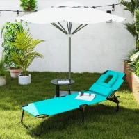 Outsunny Foldable Outdoor Sun Lounger Adjustable Backrest Reclining Chair with Pillow and Reading Hole Garden Beach, Dark Green(m-10)