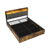 Double Bed Frame with RGB LED Headboard, Charging Station, Hydraulic Storage Bed with Linen Fabric, 205L x 136W x 109H cm, Black+Walnut(m-12)