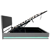 Ottoman Double Bed with Hydraulic Storage, LED Lighting, PU Leather, Bed Frame with Adjustable Headboard, 193L x 142W x 101-111H cm, Grey(m-14)