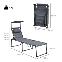 Outsunny Espreguiçadeira Dobrável Espreguiçadeira de Jardim com Toldo Ajustável para Jardim Terraço Piscina 70x200x45 cm Cinza(m-3)
