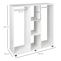 HOMCOM Armadio Guardaroba a Rotelle con 2 Barre e 3 Ripiani Aperti, in Legno e Alluminio, 120x40x128 cm, Bianco(m-3)