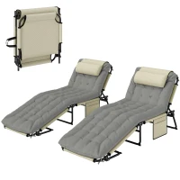 Outsunny Lot de 2 transats bains de soleil pliable avec dossier inclinable 4 positions - appui-tête et matelas épais crème(m-1)