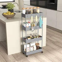 HOMCOM Carro de Cocina de 4 Niveles Carrito Auxiliar con Ruedas 4 Cestas y 4 Ganchos Extraíbles para Salón 40x19x90 cm Gris(m-9)