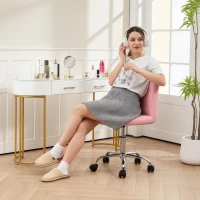 HOMCOM PU Leather Armless Office Chair, Modern Vanity Computer Swivel Chair with Rolling Wheels and Adjustable Height for Home Study, Bedroom, Pink(m-2)